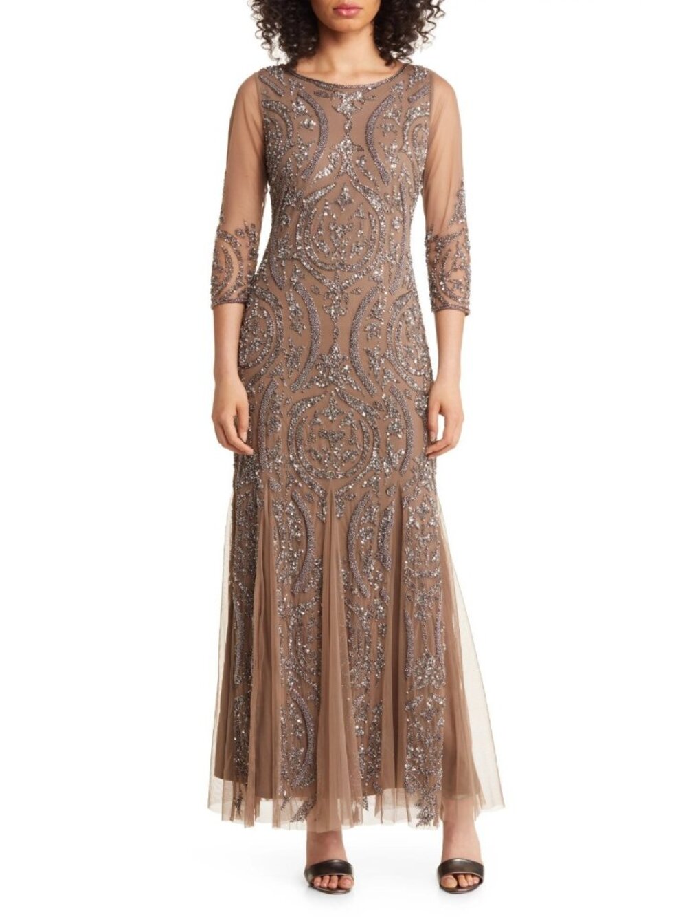 Pisarro Nights Women's Sequin Beaded Mesh Gown Evening Maxi Dress Mocha Size 10